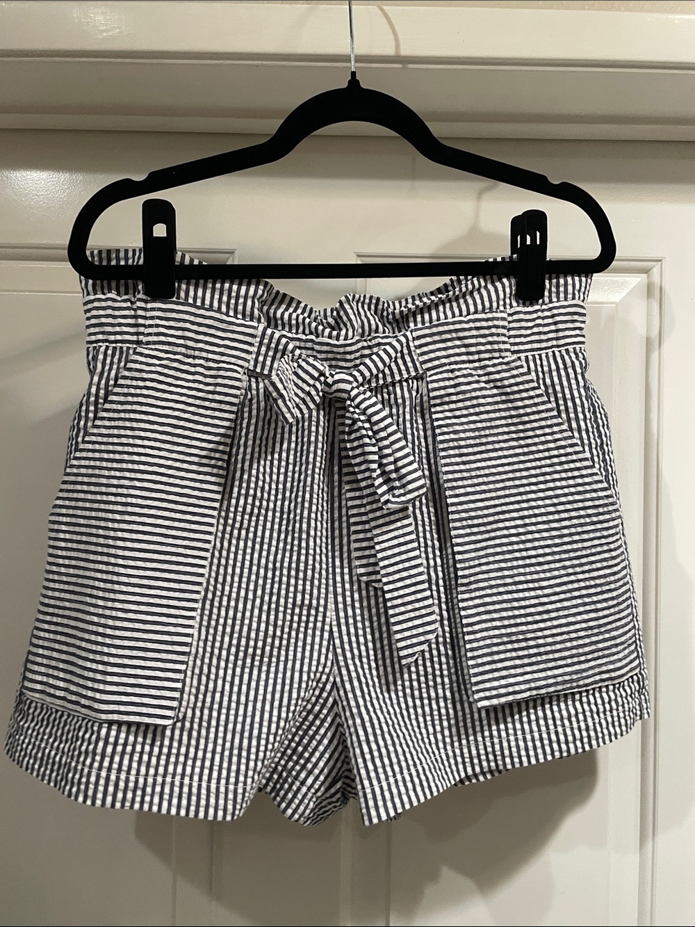 Zara Gray & White Striped Paperbag Elastic-Waist Shorts